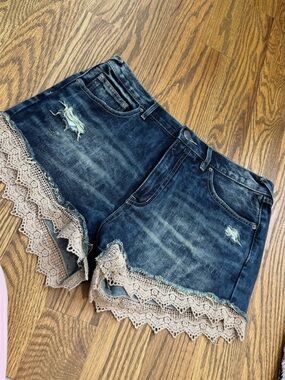 Free People Dark Blue Denim Shorts with Beige Lace Trim